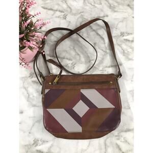 Vintage Fossil Crossbody In Brown Leather Gold Accent Multicolor Pattern 10"x8"